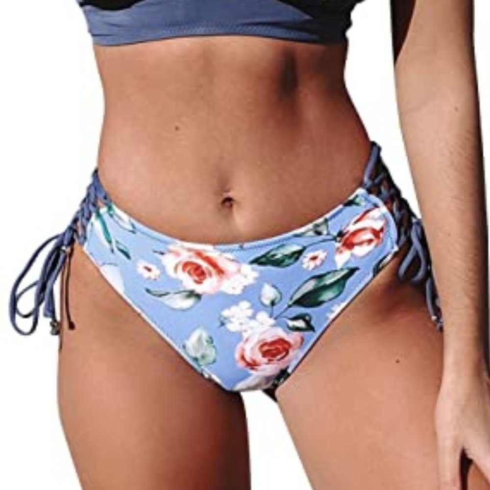 3 for $30 - Blue Floral Swim Bottoms with Side Ties (Mid rise)